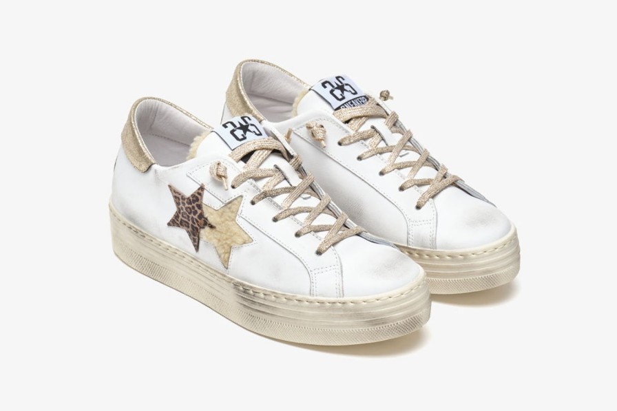 Scarpe Tacco 12 | 2Star Sneaker High In Pelle Bianca, Oro E Leopardato