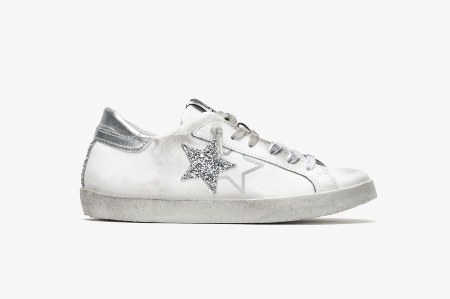 Scarpe Tacco 12 | 2Star Sneaker Low In Pelle Bianca E Glitter Argento