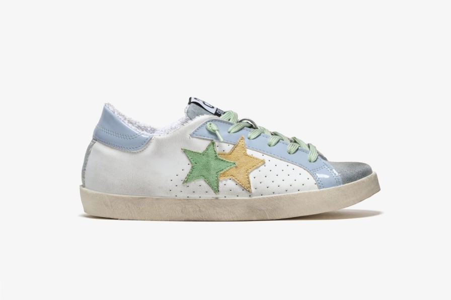 Scarpe Tacco 12 | 2Star Sneaker Low In Pelle Bianca, Canvas Jeans E Vernice Celeste