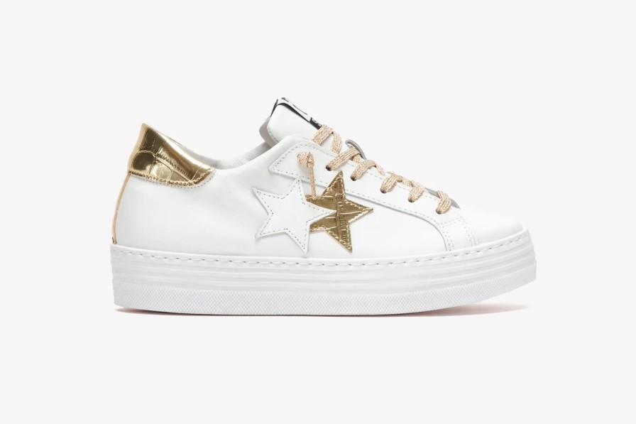 Scarpe Tacco 12 | 2Star Sneaker Low Hs In Pelle Bianca E Cocco Oro