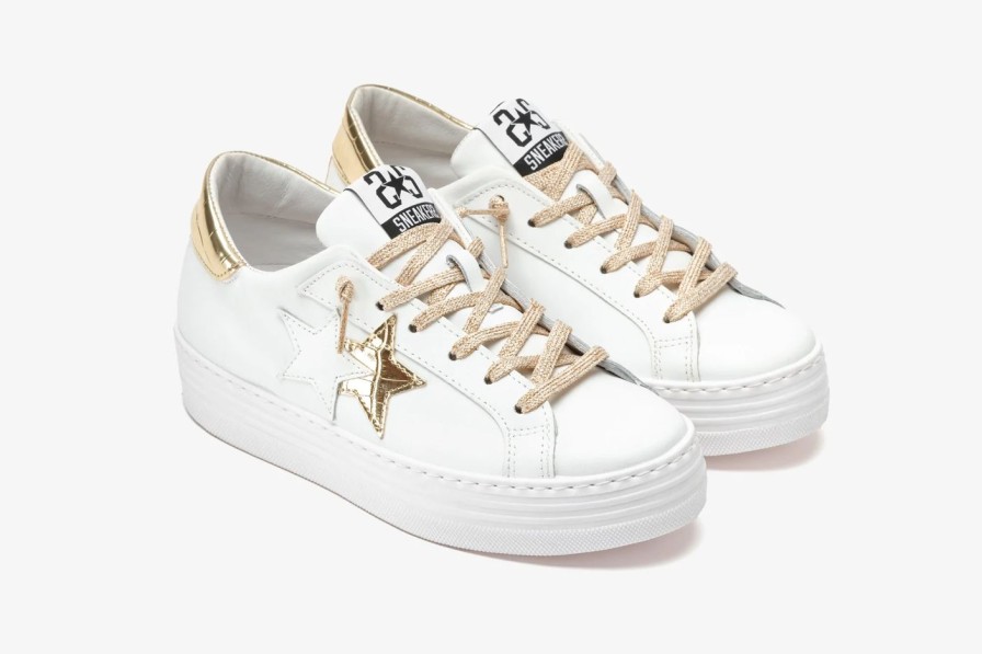 Scarpe Tacco 12 | 2Star Sneaker Low Hs In Pelle Bianca E Cocco Oro