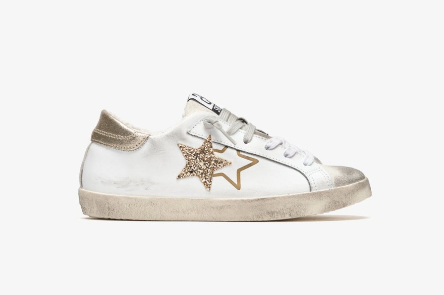 Scarpe Tacco 12 | 2Star Sneaker Low In Pelle Bianca E Glitter Oro