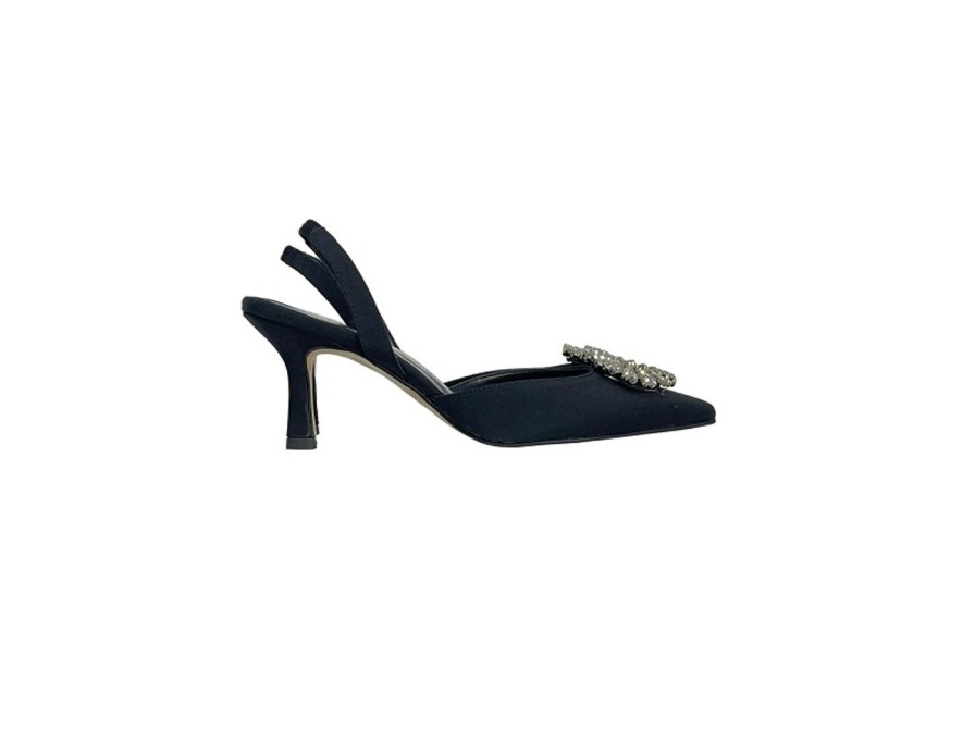 Scarpe Tacco 12 | Victoria Decollete Slingback In Raso Gioiello Nero Tacco 10Cm