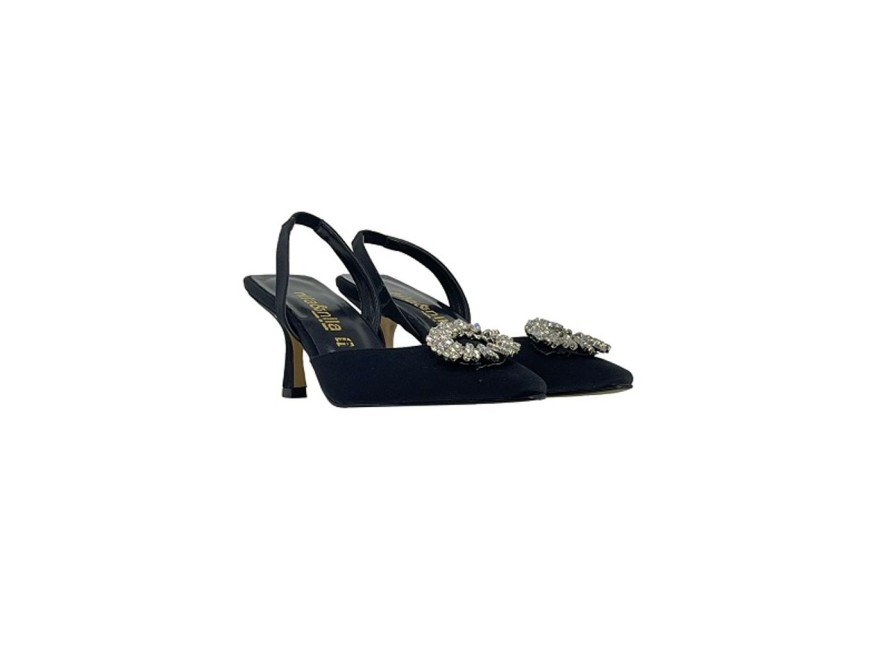 Scarpe Tacco 12 | Victoria Decollete Slingback In Raso Gioiello Nero Tacco 10Cm