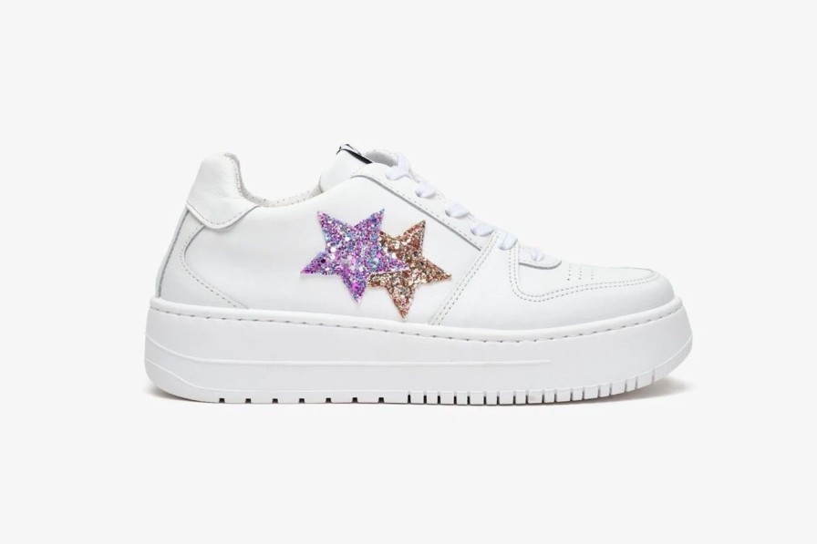 Scarpe Tacco 12 | 2Star Sneaker Queen Low In Pelle Bianca E Glitter