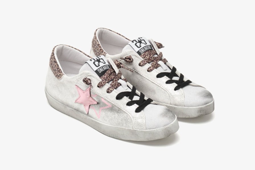 Scarpe Tacco 12 | 2Star Sneaker Low In Camoscio Laminato Bianco, Rosa E Leopardato