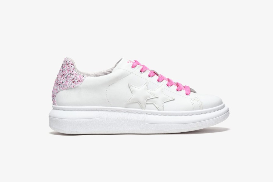 Scarpe Tacco 12 | 2Star Sneaker Princess In Pelle Bianca E Glitter Rosa