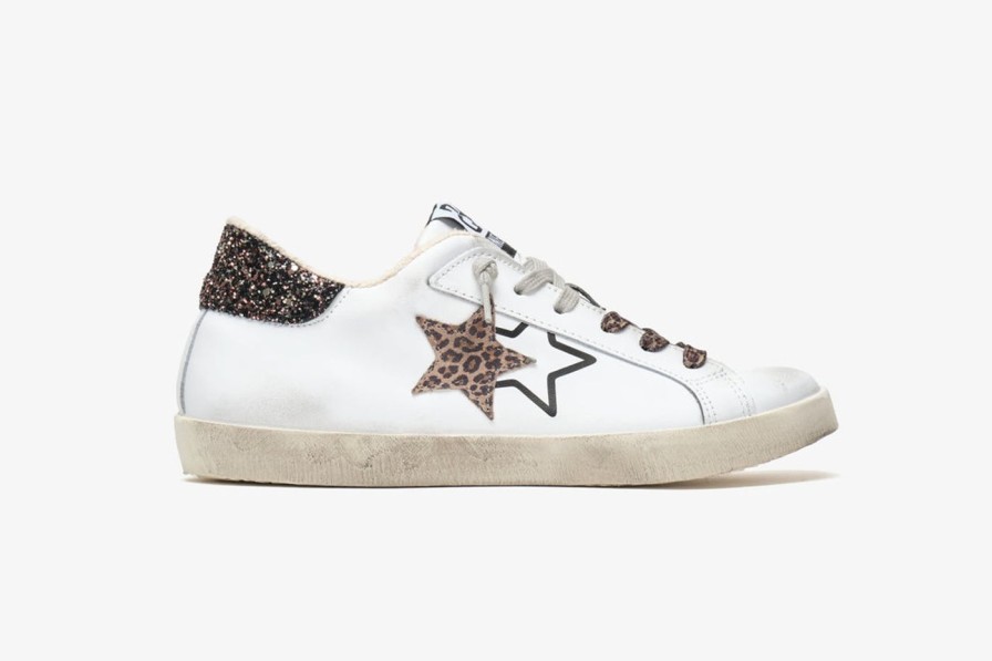 Scarpe Tacco 12 | 2Star Sneaker Low In Pelle Bianca, Marrone E Leopardata