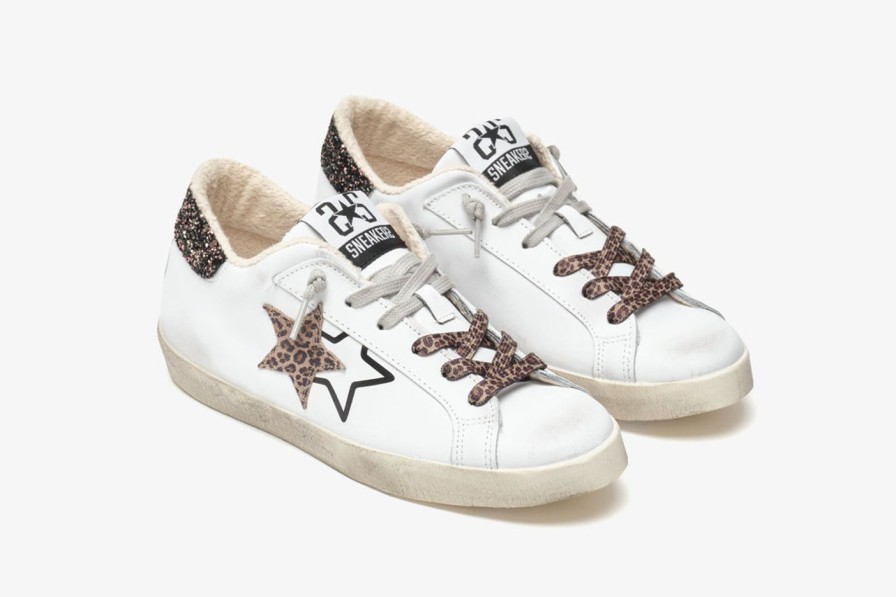 Scarpe Tacco 12 | 2Star Sneaker Low In Pelle Bianca, Marrone E Leopardata