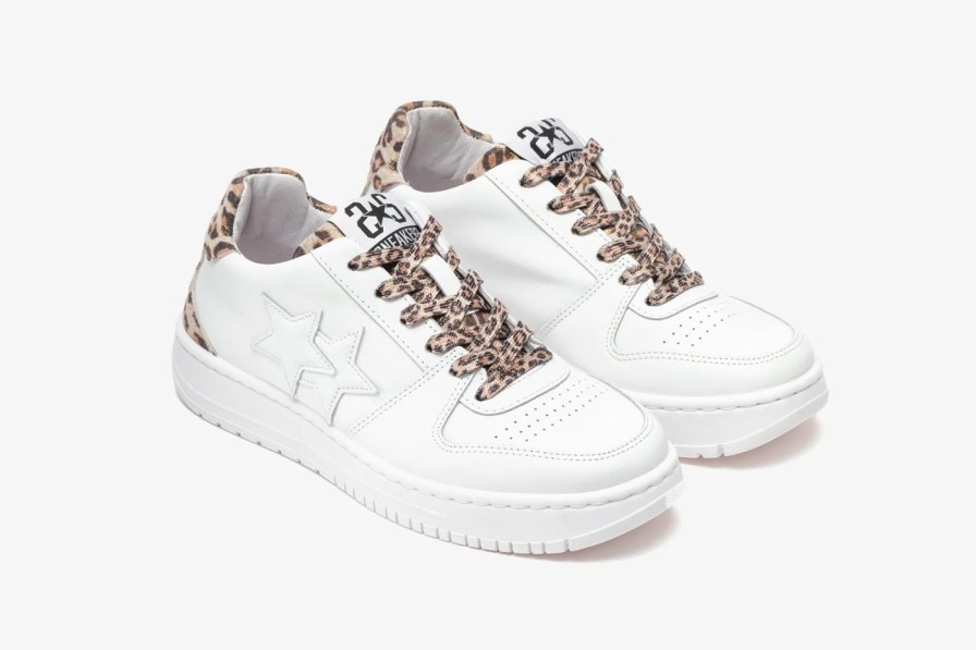 Scarpe Tacco 12 | 2Star Sneaker King Low In Pelle Bianca E Leopard