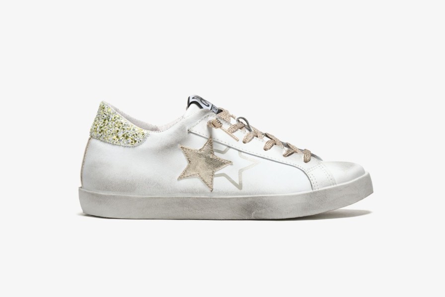 Scarpe Tacco 12 | 2Star Sneaker Low In Pelle Bianca, Laminato E Glitter Oro