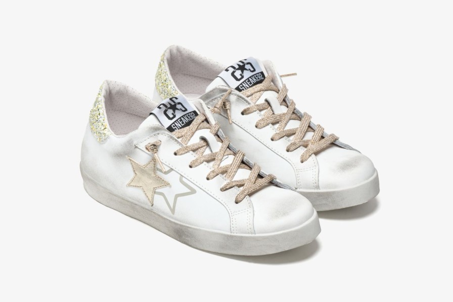 Scarpe Tacco 12 | 2Star Sneaker Low In Pelle Bianca, Laminato E Glitter Oro