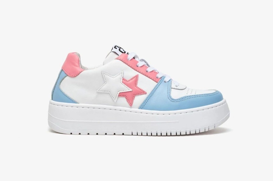 Scarpe Tacco 12 | 2Star Sneaker Queen Low In Pelle Bianca Celeste E Rosa