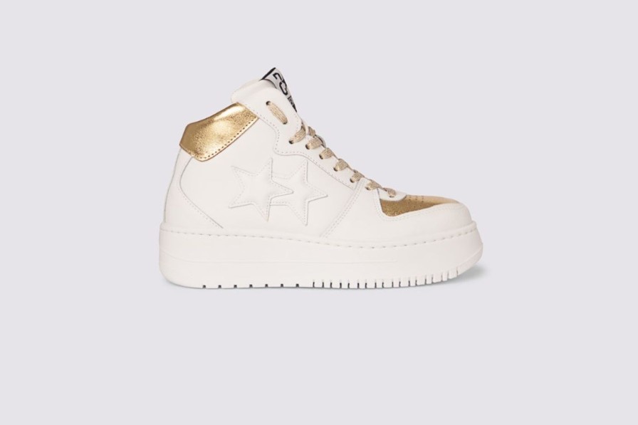 Scarpe Tacco 12 | 2Star Sneaker Queen High In Pelle Bianca/Oro