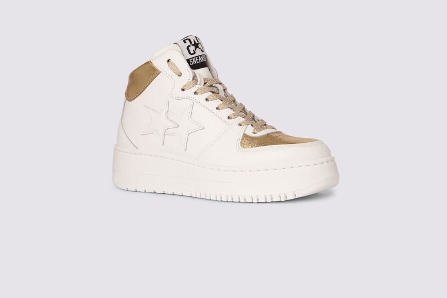 Scarpe Tacco 12 | 2Star Sneaker Queen High In Pelle Bianca/Oro