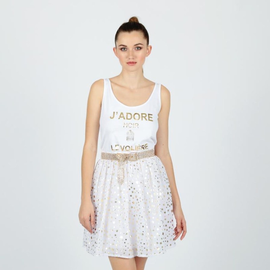 Abbigliament Tacco 12 | Le Voliere Abito In Tulle Con Stelline Bianco/Oro