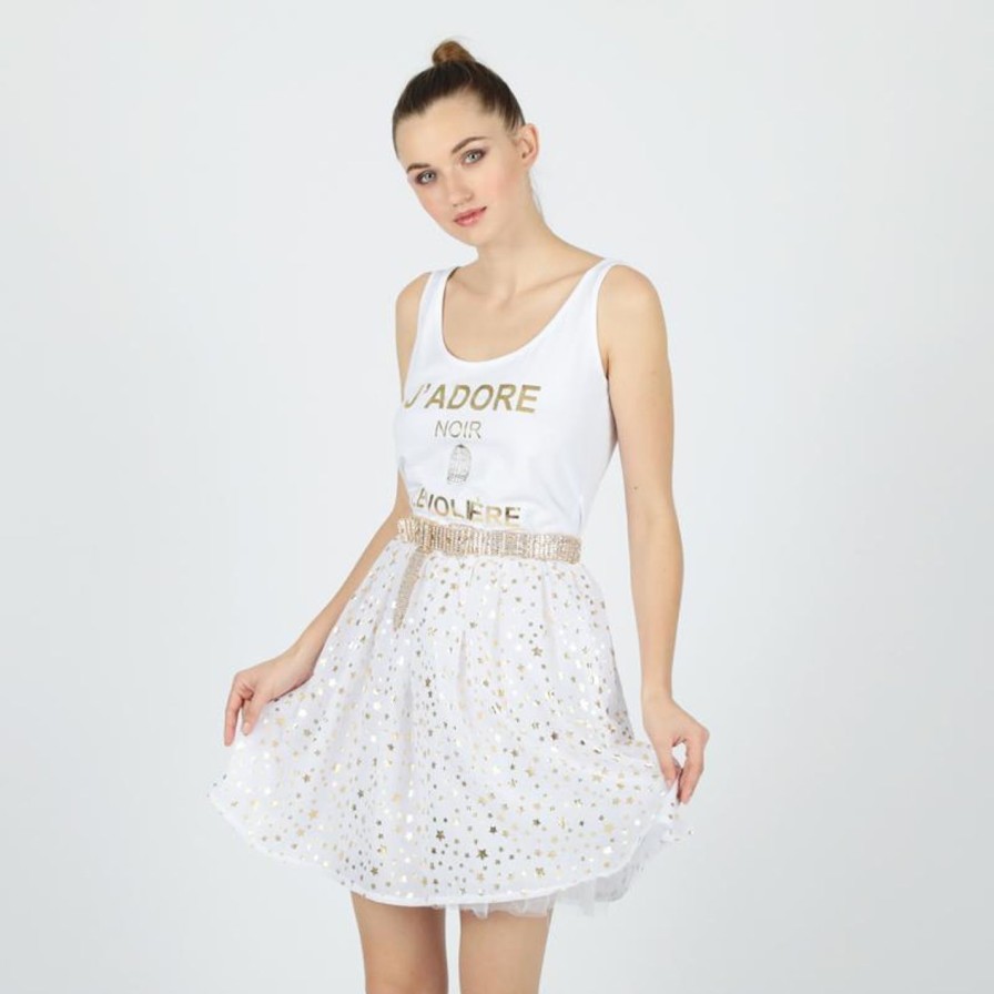 Abbigliament Tacco 12 | Le Voliere Abito In Tulle Con Stelline Bianco/Oro