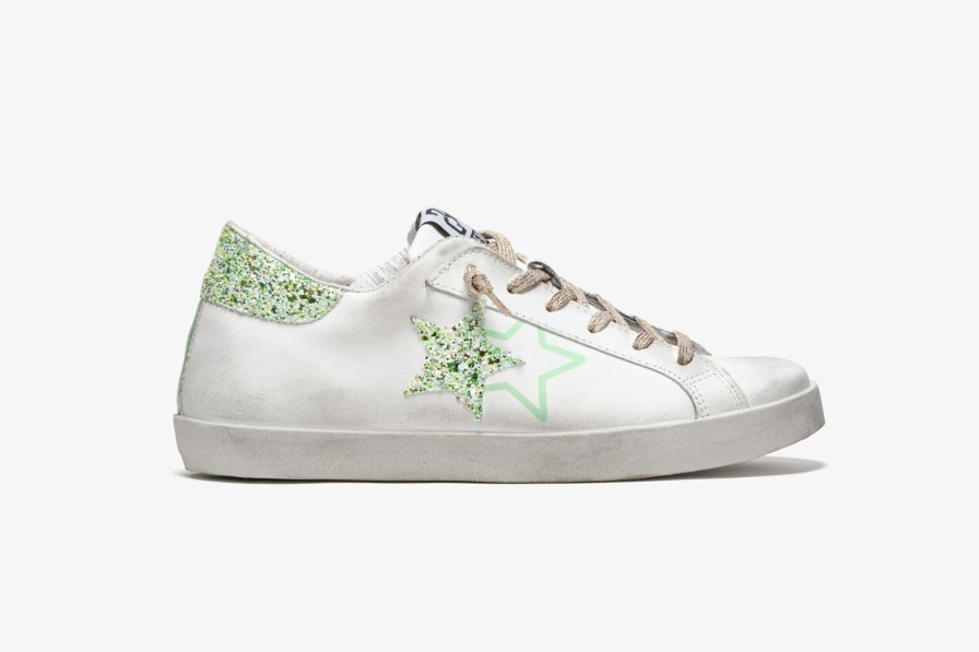 Scarpe Tacco 12 | 2Star Sneaker Low In Pelle Bianca E Glitter Verde