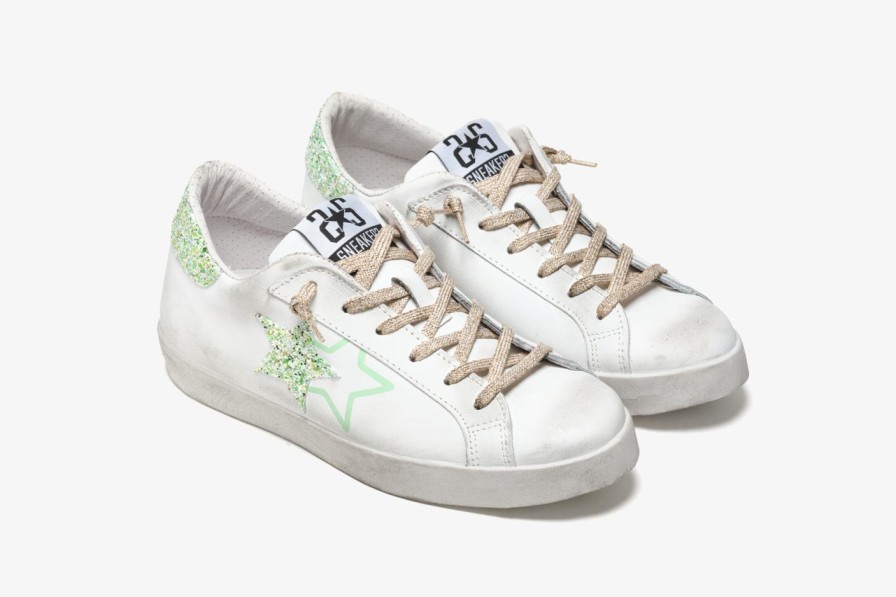 Scarpe Tacco 12 | 2Star Sneaker Low In Pelle Bianca E Glitter Verde