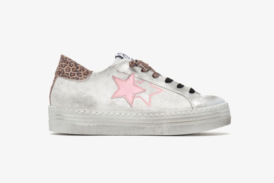 Scarpe Tacco 12 | 2Star Sneaker High In Camoscio Laminato Bianco, Rosa E Leopardato