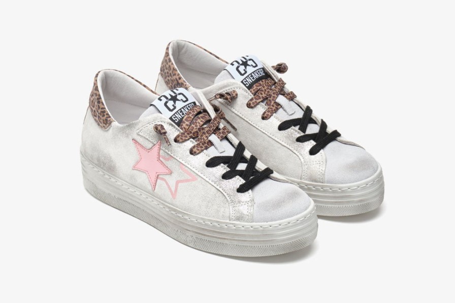 Scarpe Tacco 12 | 2Star Sneaker High In Camoscio Laminato Bianco, Rosa E Leopardato