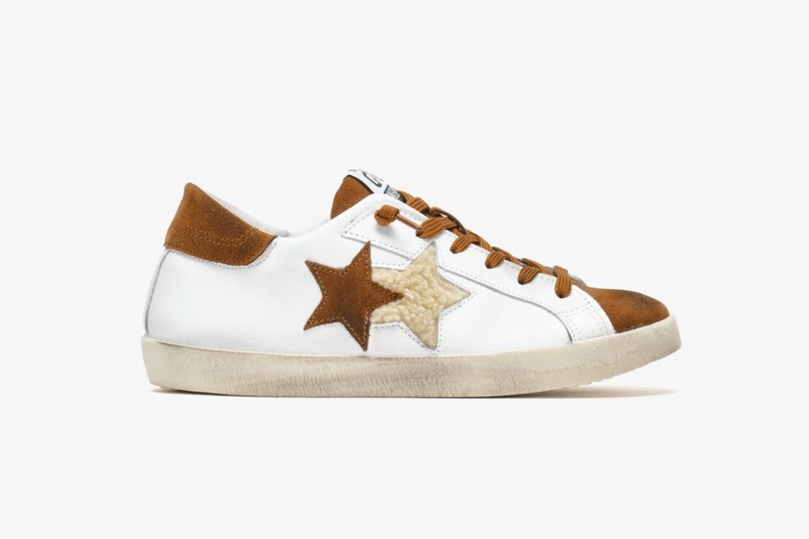 Scarpe Tacco 12 | 2Star Sneaker Low In Pelle Bianca, Marrone E Panna