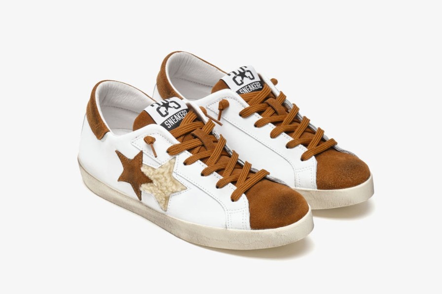 Scarpe Tacco 12 | 2Star Sneaker Low In Pelle Bianca, Marrone E Panna