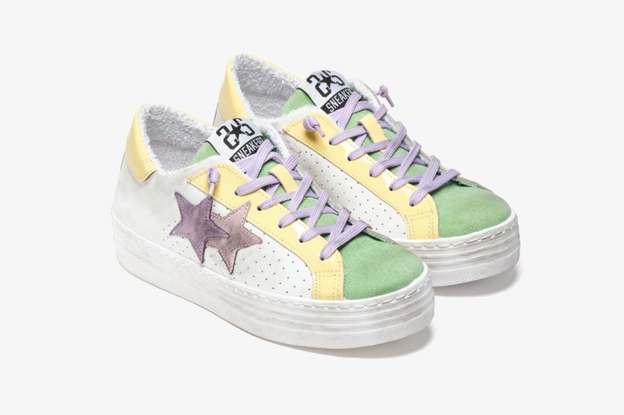 Scarpe Tacco 12 | 2Star Sneaker High In Pelle Bianca, Canvas Verde E Vernice Gialla