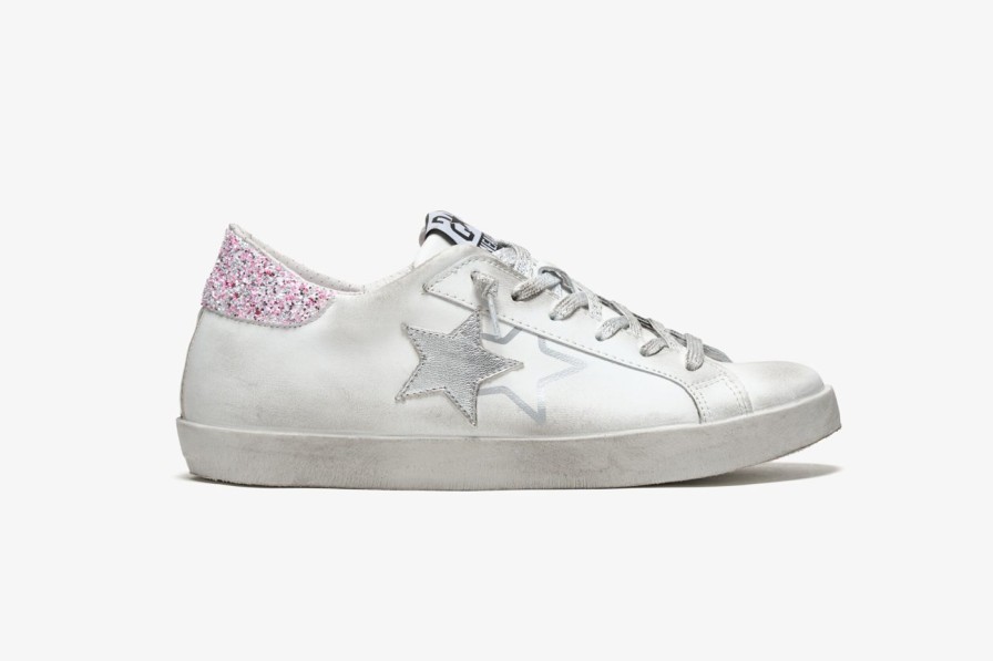 Scarpe Tacco 12 | 2Star Sneaker Low In Pelle Bianca, Argento E Glitter Rosa