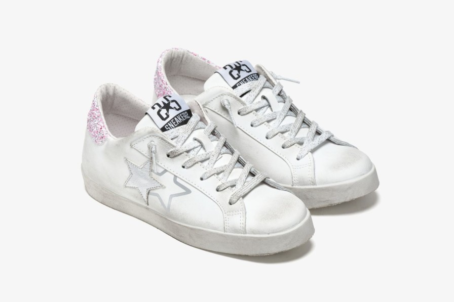 Scarpe Tacco 12 | 2Star Sneaker Low In Pelle Bianca, Argento E Glitter Rosa