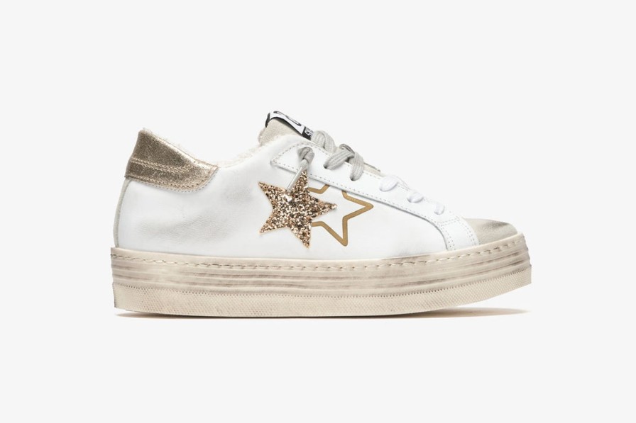 Scarpe Tacco 12 | 2Star Sneaker High In Pelle Bianca E Glitter Oro