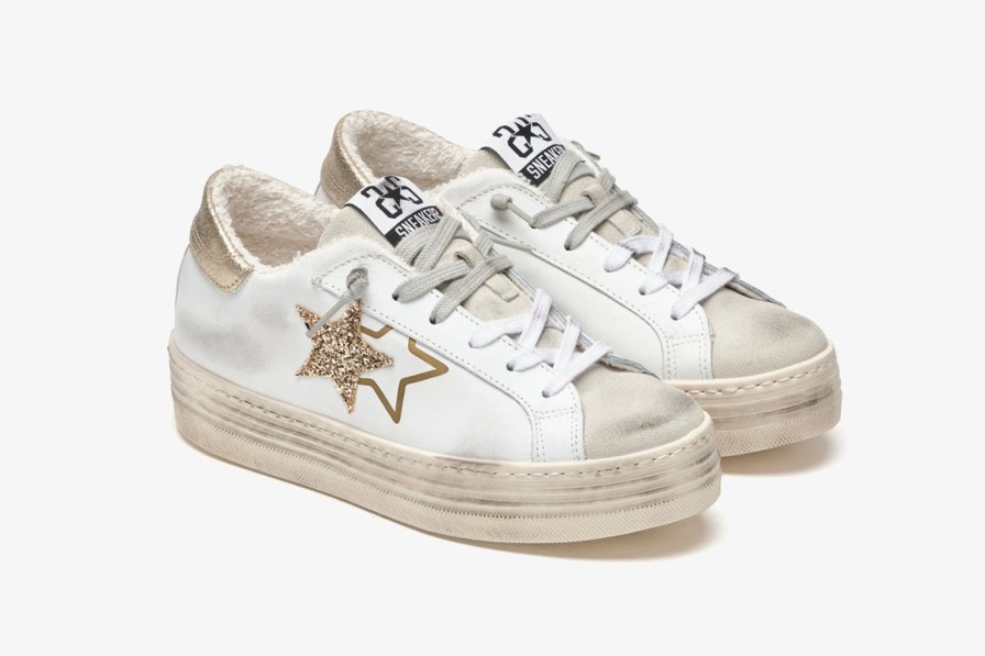 Scarpe Tacco 12 | 2Star Sneaker High In Pelle Bianca E Glitter Oro