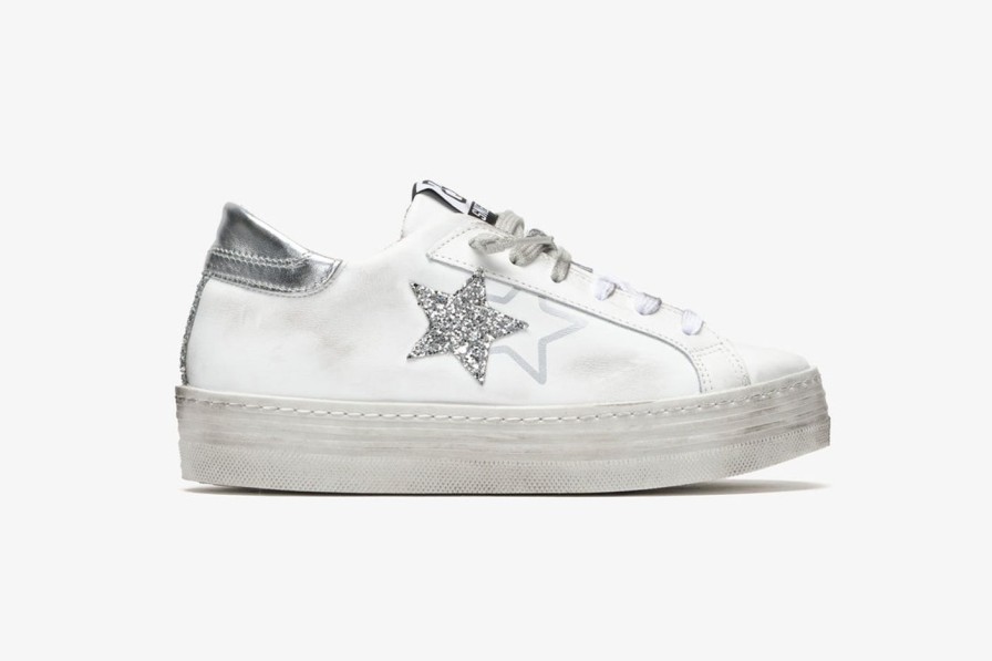 Scarpe Tacco 12 | 2Star Sneaker High In Pelle Bianca E Glitter Argento