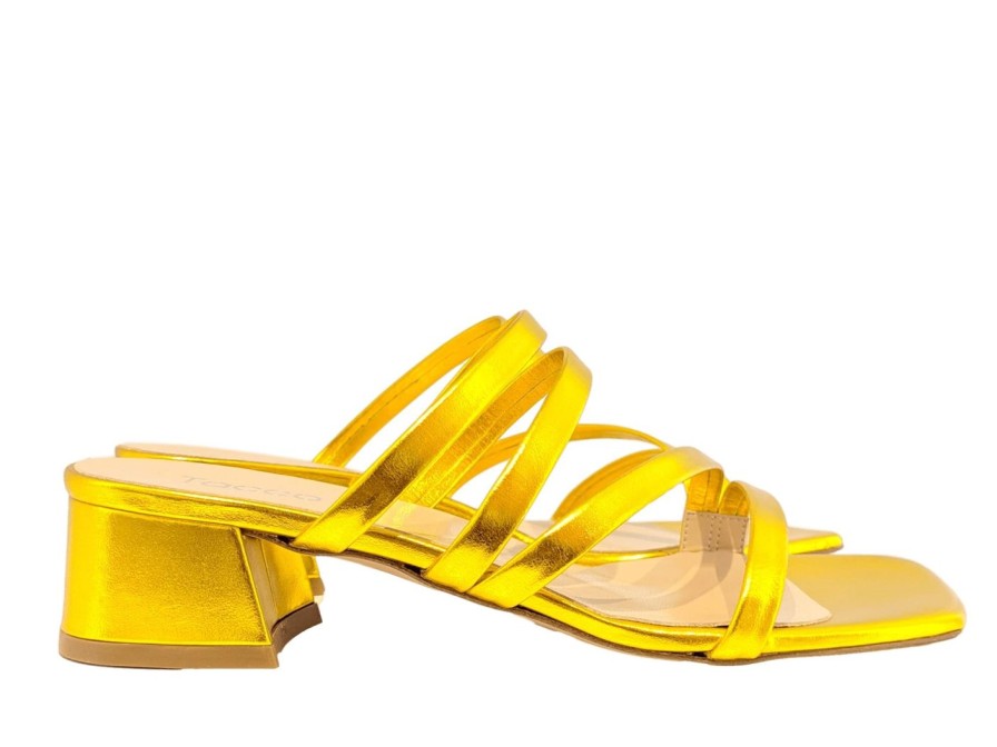 Scarpe Tacco 12 | Sandalo Fascette In Pelle Lame Giallo