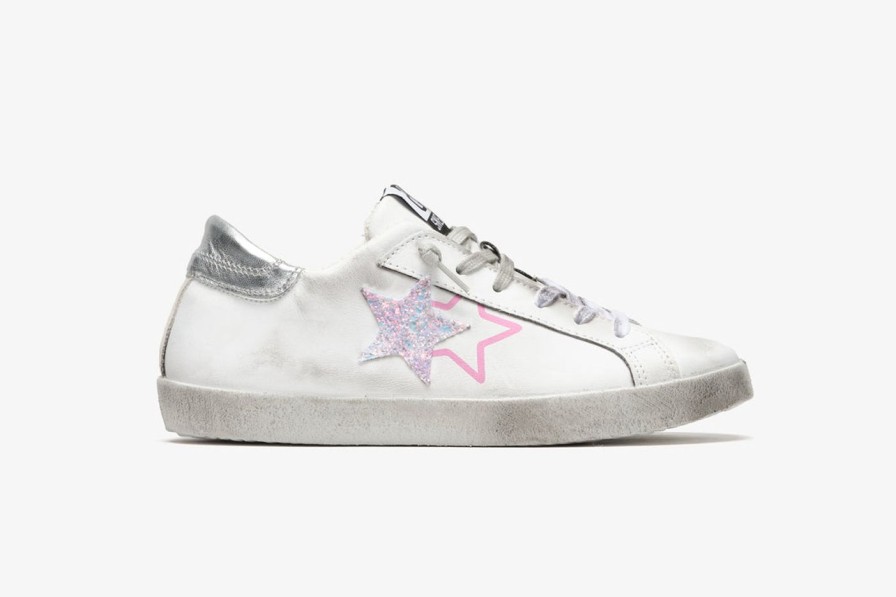 Scarpe Tacco 12 | 2Star Sneaker Low In Pelle Bianca E Glitter Rosa