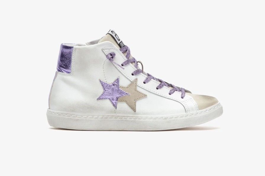 Scarpe Tacco 12 | 2Star Sneaker High In Pelle Bianca E Cocco Lilla