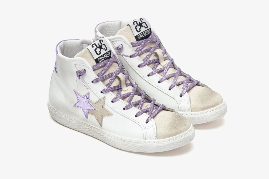 Scarpe Tacco 12 | 2Star Sneaker High In Pelle Bianca E Cocco Lilla